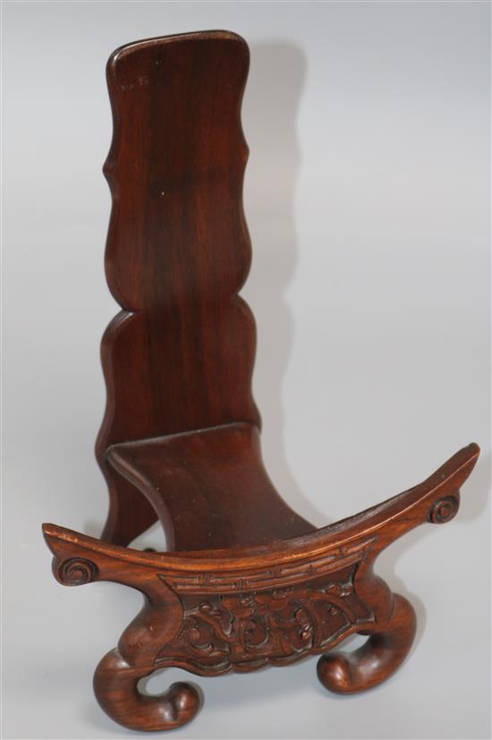 A zitan carved lotus leaf and a carved wood stand tallest 28cm